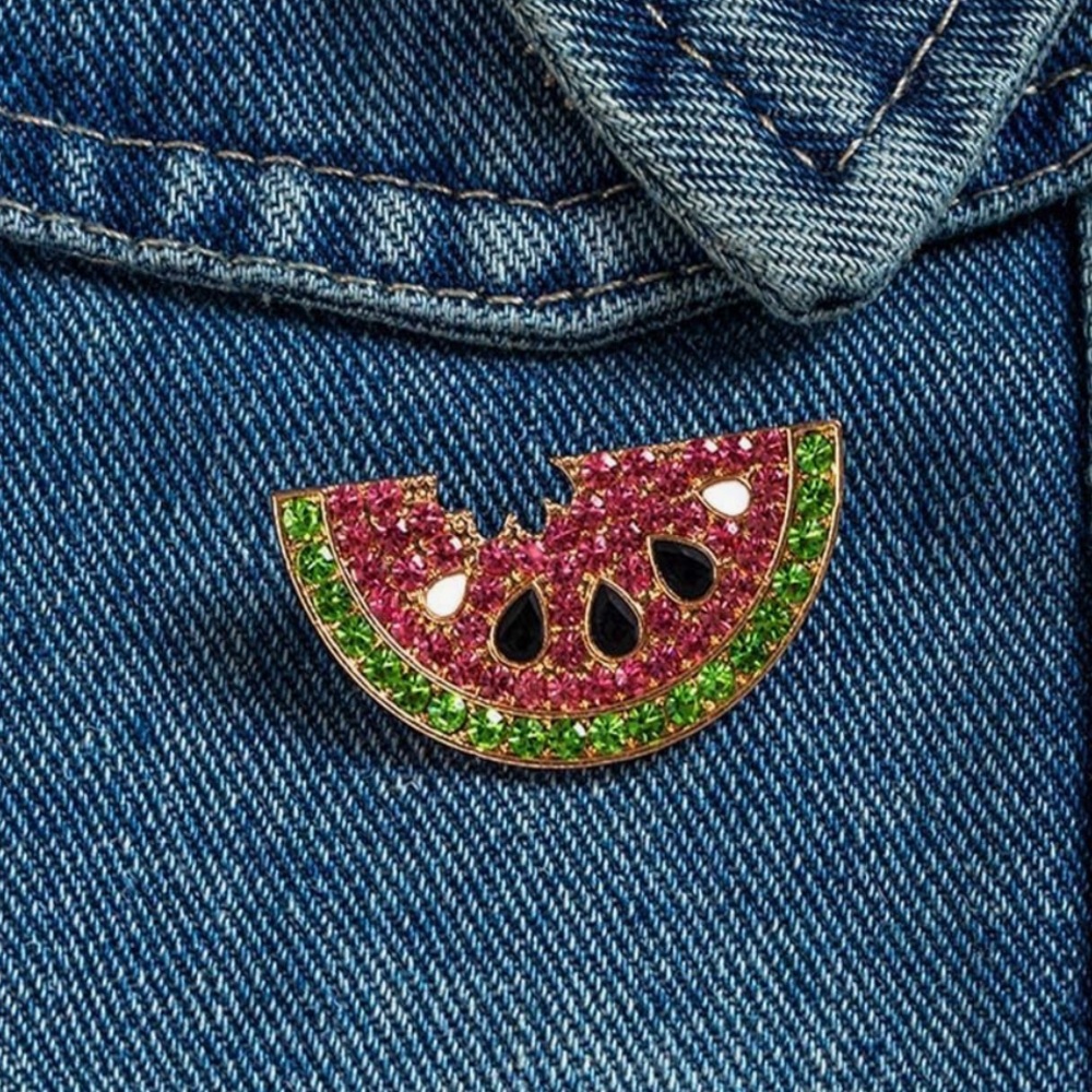 Watermelon Rhinestone Brooch – Sparkly Fruit Pin, Gold Tone - Picture 3 of 4
